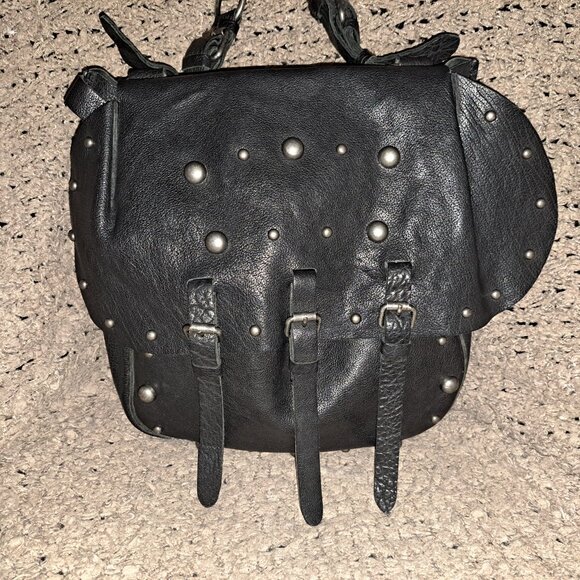 LUCKY BRAND Large Black Leather Saddlebag Studded Shoulder/XBody-Excellent - Picture 3 of 9